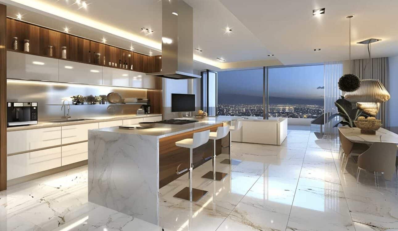 a beautiful white floor kitchen